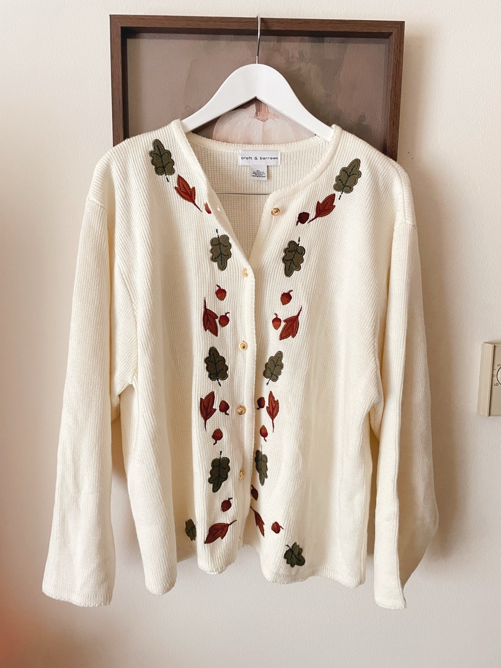 Croft & Barrow 90s Y2K Vintage Fall Autumn Leaf Embroidered Cardigan Cream XL